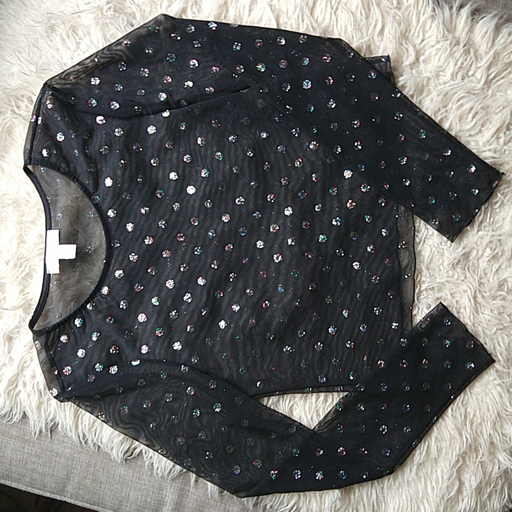 Top Shop Black Sheer Glitter Polka Dot Long Sleeve Crop Top 10